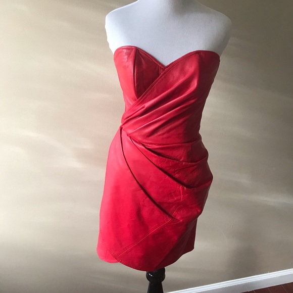 red leather strapless dress